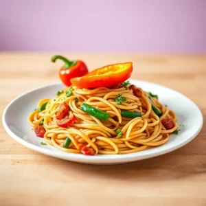 A-colorful-plate-of-Rasta-Pasta-with-red-green-and-yellow-bell-peppers-arranged-artfully-on-top-recipesfair.com