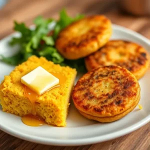 A-comparison-shot-showing-a-slice-of-moist-cornbread-served-with-butter-and-honey-next-to-crispy-golden-hot-water-recipesfair.com