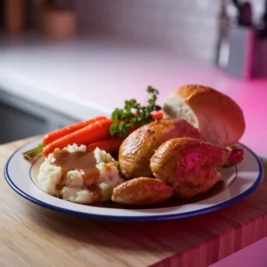 A-complete-plate-featuring-roasted-chicken-mashed-potatoes-drizzled-with-gravy-roasted-carrots-and-a-dinner-roll-with-a-sprig-of-parsley-for-garnish