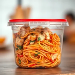 A-container-of-chicken-spaghetti-with-visible-signs-of-mold-or-discoloration-to-highlight-spoilage-recipesfair.com