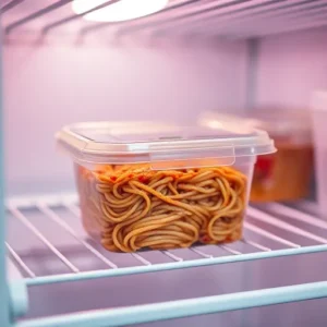 A-container-of-freshly-cooked-chicken-spaghetti-sealed-and-placed-on-a-refrigerator-shelf-recipesfair.com