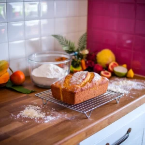 A-countertop-featuring-baking-essentials-flour-fresh-tropical-fruits-shredded-coconut-and-a-loaf-of-Hawaiian-sweet-bread-cooling-on-a-rack