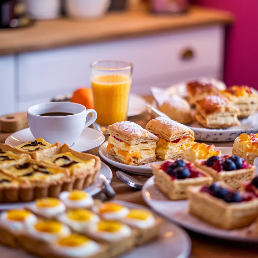 A-cozy-breakfast-table-filled-with-a-variety-of-puff-pastry-dishes—savory-tarts-egg-squares-and-fruit-filled-turnovers—with-a-cup-of-coffee