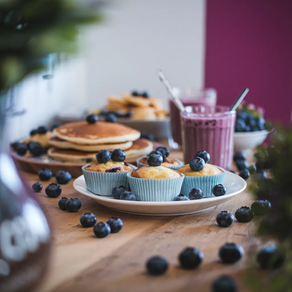 A-cozy-breakfast-table-filled-with-blueberry-dishes—muffins-pancakes-and-a-smoothie-bowl—with-fresh-blueberries-scattered-around-for-decoration