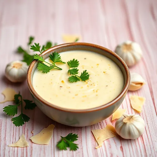 A-creamy-bowl-of-Parmesan-garlic-sauce-garnished-with-parsley-surrounded-by-Parmesan-shavings-and-garlic-cloves-recipesfair.com