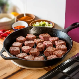 A-cutting-board-with-labeled-steak-cuts-each-paired-with-chili-ingredients-like-beans-peppers-and-tomatoes.