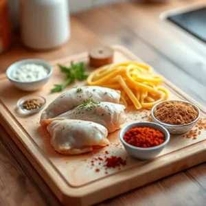 A-cutting-board-with-prepped-chicken-pasta-and-spices-laid-out-in-neat-portions