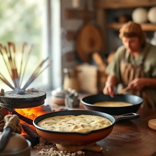 A-depiction-of-Native-Americans-grinding-cornmeal-and-cooking-flatbreads-over-an-open-fire-alongside-settlers-frying-cornbread-in-cast-iron-pans-recipesfair.com