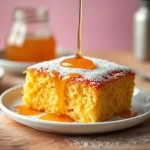 A-dessert-style-image-with-cornbread-drizzled-with-honey-and-topped-with-powdered-sugar