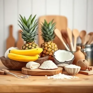 A-display-of-ingredients-on-a-wooden-counter-including-bananas-pineapple-coconut-and-baking-tools