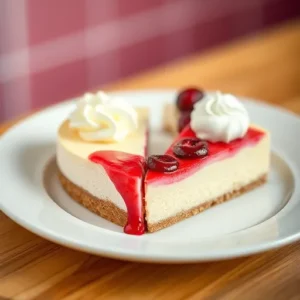 A-divided-plate-featuring-a-slice-of-cream-pie-with-whipped-cream-and-a-slice-of-cheesecake-with-a-berry-topping-recipesfair.com