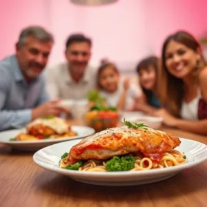 A-family-at-a-dinner-table-with-a-plate-of-Chicken-Parmesan-on-one-side-and-Parmesan-Chicken-on-the-other-showcasing-the-versatility-of-both-dishes-recipesfair.com