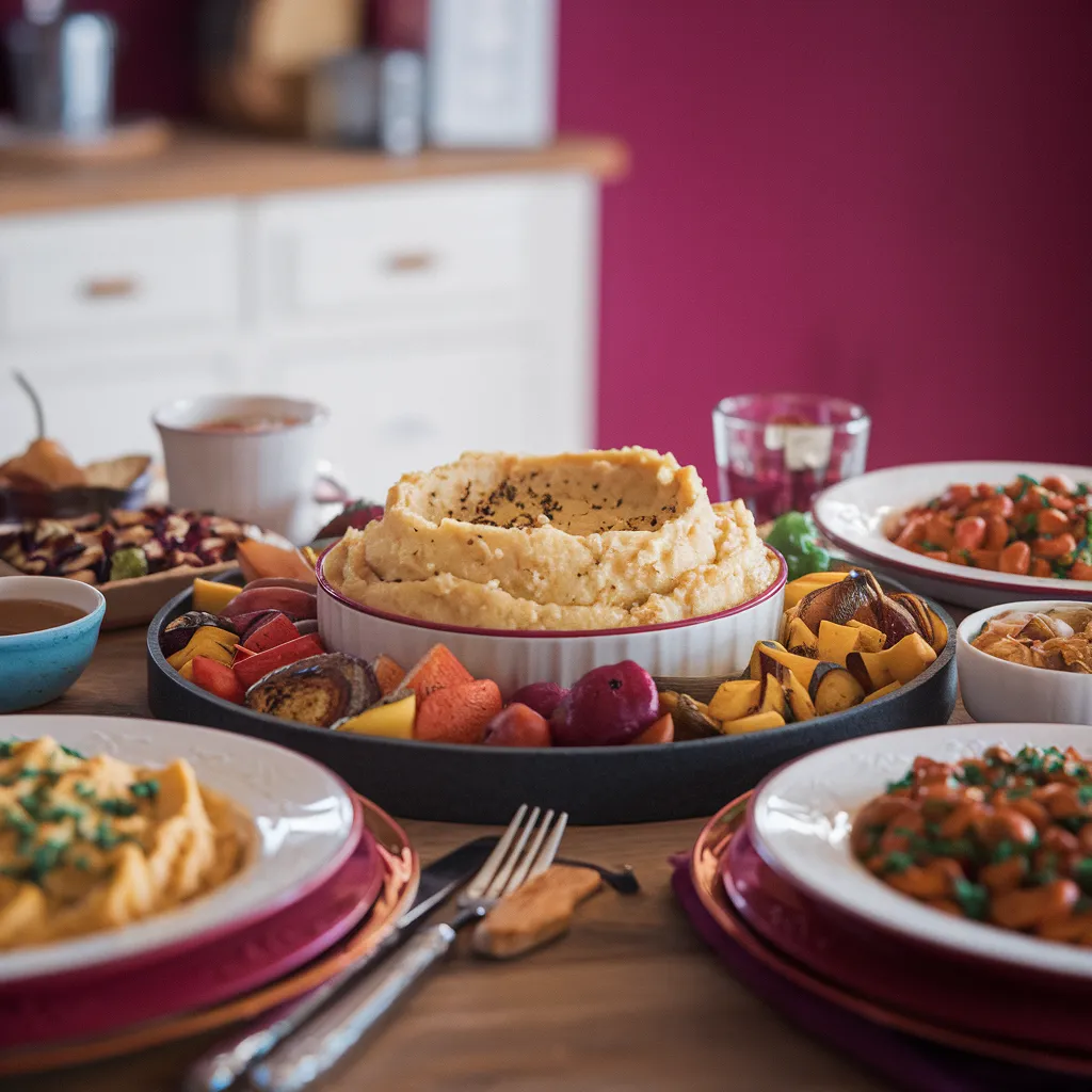 A-family-dinner-table-featuring-twice-baked-mashed-potatoes-as-a-centerpiece-surrounded-by-roasted-vegetables-gravy-and-other-classic-sides