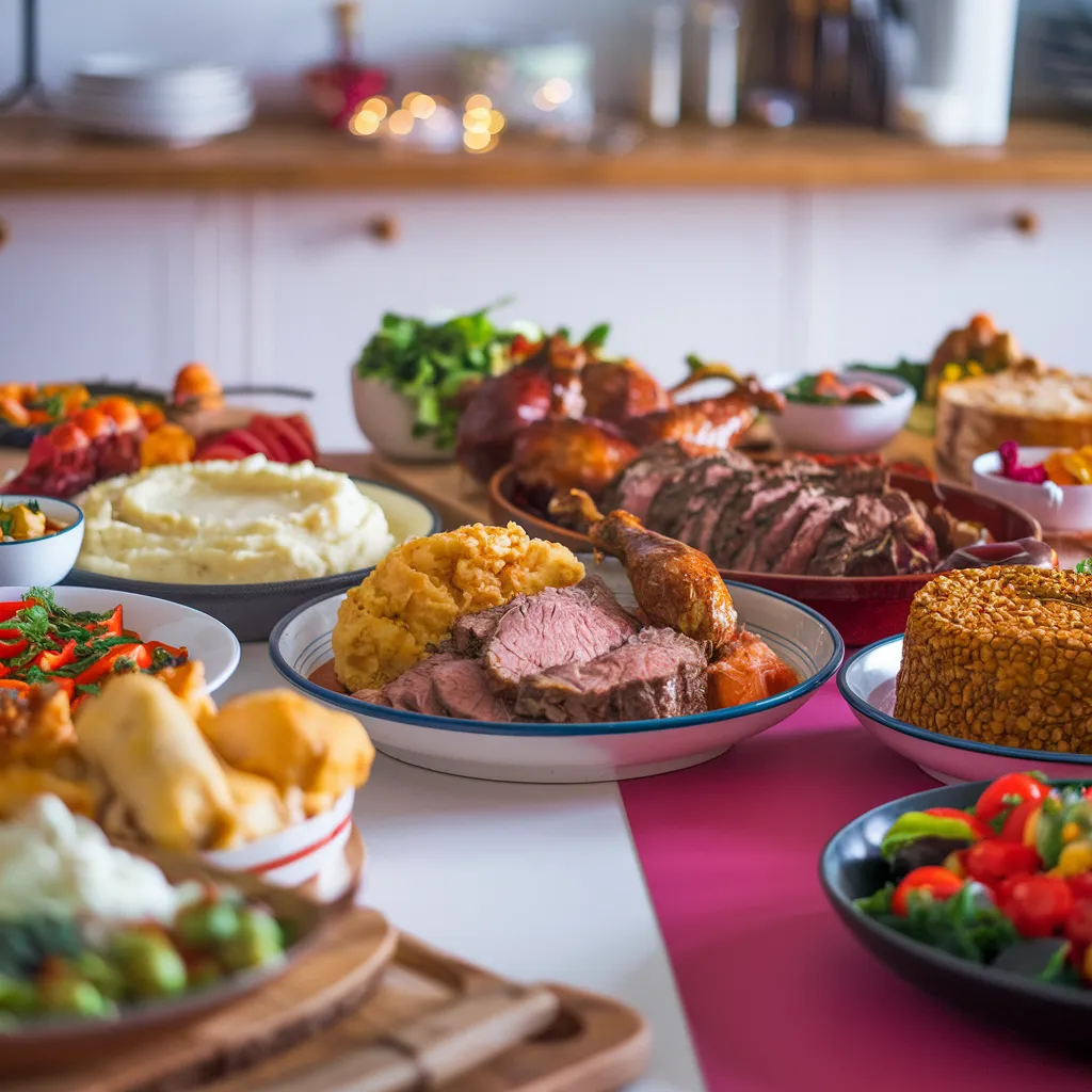 A-family-style-table-spread-featuring-mashed-potatoes-roast-chicken-beef-pot-roast-and-a-vegetarian-option-like-lentil-loaf-all-surrounded-by-vibrant-side-dishes