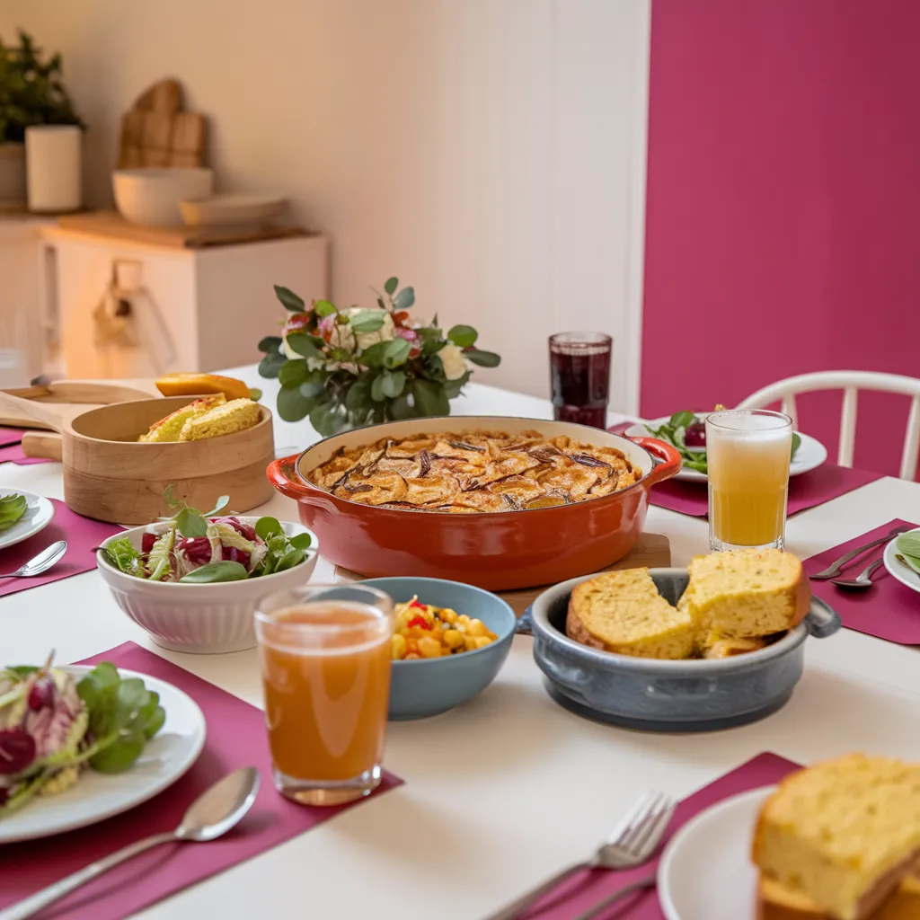 A-family-style-table-with-cattle-drive-casserole-as-the-centerpiece-surrounded-by-serving-bowls-of-fresh-salads-cornbread-and-beverages-creating-a-warm-and-inviting-atmosphere