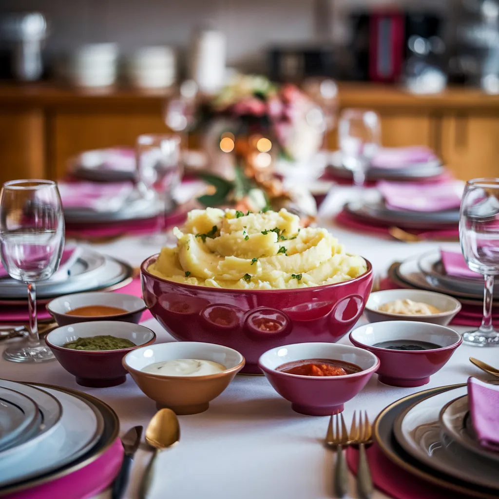 A-festive-dinner-table-featuring-a-large-bowl-of-mashed-potatoes-surrounded-by-small-bowls-of-different-sauces-ready-for-guests-to-choose-their-favorite-pairing