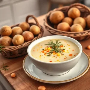 A-final-image-of-a-beautifully-plated-potato-soup-garnished-with-herbs-and-served-alongside-a-basket-of-various-potato-types