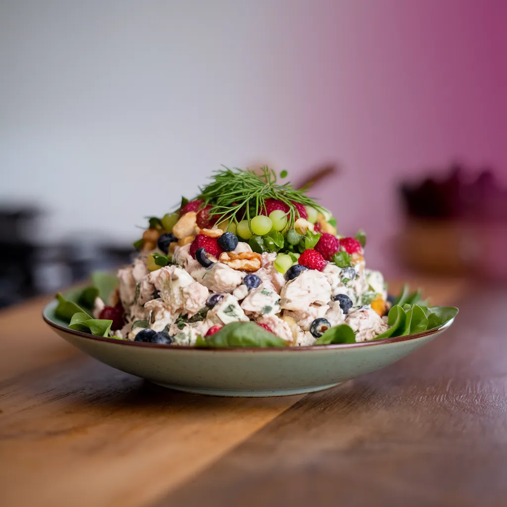 A-final-image-of-the-4-ingredient-chicken-salad-served-elegantly-in-a-bowl-surrounded-by-optional-toppings-like-herbs-fruits-and-nuts-to-inspire-customization