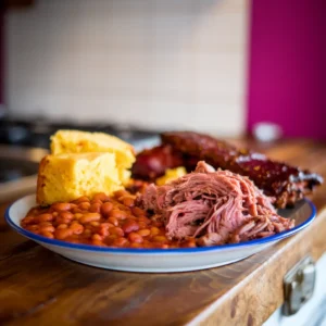 A-final-shot-of-a-full-plate-featuring-baked-beans-pulled-pork-barbecue-ribs-and-cornbread-showcasing-a-mouth-watering-well-balanced-meal