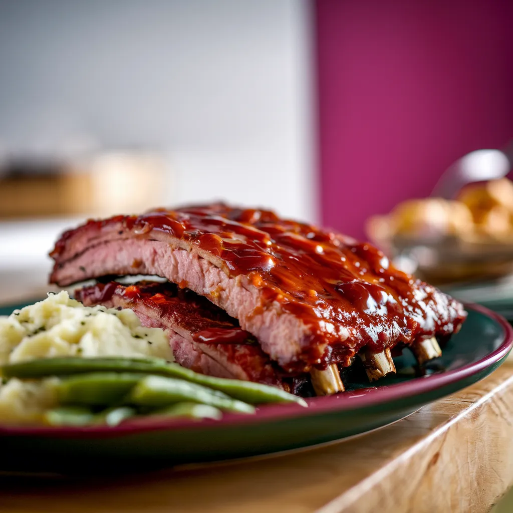 A-final-shot-of-perfectly-cooked-country-style-ribs-glazed-with-barbecue-sauce-resting-on-a-serving-plate-with-sides-like-mashed-potatoes-and-green-beans