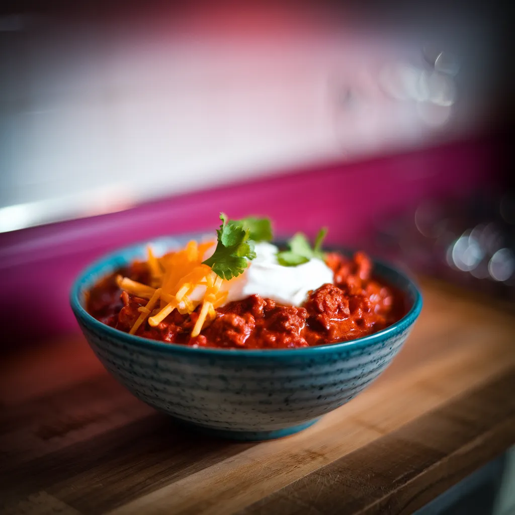 A-finished-bowl-of-steak-chili-garnished-with-sour-cream-cheese-and-cilantro-surrounded-by-toppings-like-jalapenos-and-avocado