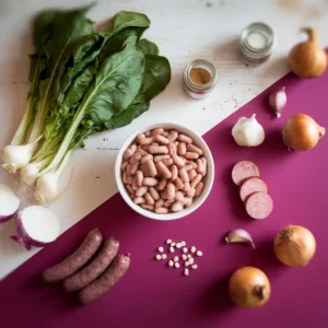 A-flat-lay-image-featuring-all-the-ingredients-neatly-arranged-fresh-turnip-greens-sliced-sausage-a-bowl-of-beans-garlic-cloves-onions-and-seasoning-jars-with-a-rustic-kitchen-backdrop