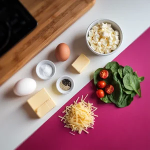 A-flat-lay-of-all-the-essential-ingredients-eggs-cottage-cheese-butter-salt-pepper-and-optional-toppings-like-spinach-cherry-tomatoes-and-grated-cheese