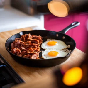 A skillet with crispy carnitas on one side and sunny-side-up eggs cooking on the other, garnished with fresh cilantro.