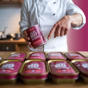 A-flat-lay-of-canned-beef-products-with-a-chef-holding-one-can-and-pointing-to-it