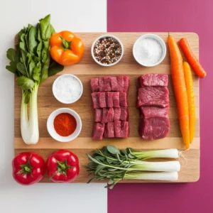 A-flat-lay-of-fresh-vegetables-raw-beef-chunks-and-spices-arranged-neatly-on-a-wooden-cutting-board