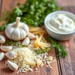 A-flat-lay-of-key-ingredients—garlic-cloves-grated-Parmesan-heavy-cream-and-Italian-herbs—arranged-on-a-rustic-wooden-table