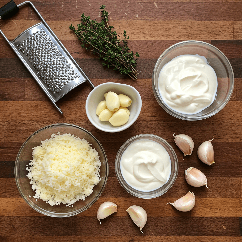 A flat lay of key ingredients—garlic cloves, grated Parmesan, heavy cream, and Italian herbs—arranged on a rustic wooden table A flat lay of key ingredients—garlic cloves grated Parmesan heavy cream and Italian herbs—arranged on a rustic wooden table Garlic Parmesan sauce