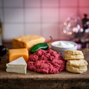 A-flat-lay-of-the-core-ingredients—ground-beef-cheese-green-chiles-sour-cream-and-biscuit-dough—arranged-on-a-rustic-kitchen-counter