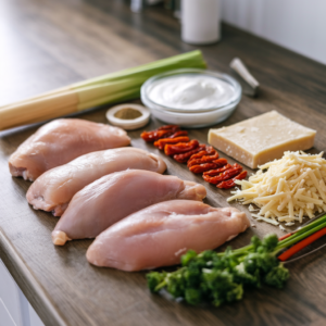 A-flat-lay-of-the-core-ingredients—raw-chicken-breasts-heavy-cream-Parmesan-cheese-sun-dried-tomatoes-and-seasonings—arranged-on-a-wooden-countertop