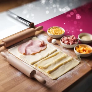 A-flat-lay-of-tools-and-ingredients-rolling-pin-egg-wash-brush-puff-pastry-sheets-and-bowls-of-fillings-like-cheese-ham-and-fruit.