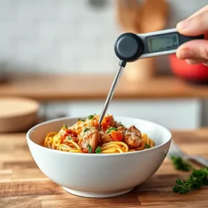 A-food-thermometer-checking-the-temperature-of-reheated-chicken-spaghetti-in-a-bowl-recipesfair.com