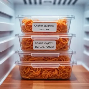 A-freezer-safe-container-labeled-Chicken-Spaghetti-neatly-stacked-in-a-freezer-recipesfair.com