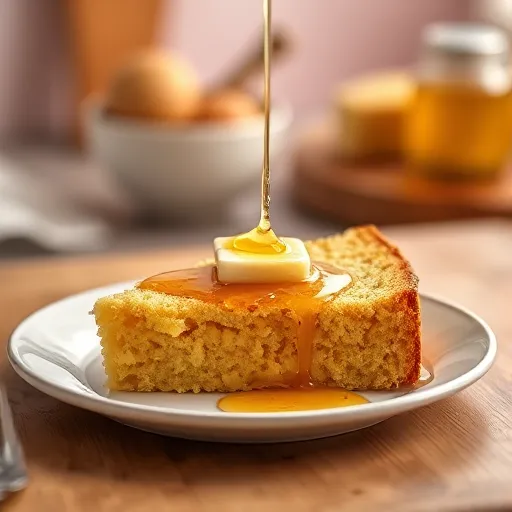 Is Cornbread Healthy? A-fresh-slice-of-cornbread-on-a-plate-with-butter-and-honey-drizzled-on-top