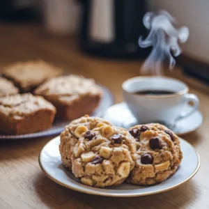 A-freshly-baked-batch-of-classic-banana-bread-cookies-alongside-a-plate-of-vegan-banana-bread-cookies.-Add-a-steaming-cup-of-coffee-in-the-background