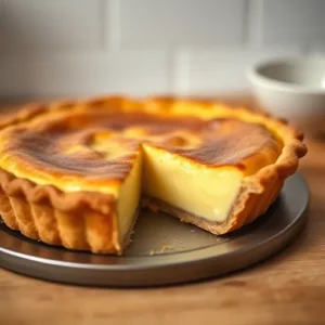 A-freshly-baked-custard-pie-with-a-golden-crust-sliced-to-reveal-its-creamy-firm-filling-recipesfair.com_