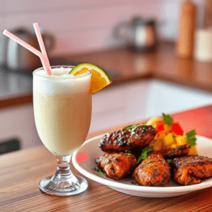 A-frothy-pina-colada-served-alongside-a-plate-of-jerk-chicken-with-tropical-garnishes.-This-complements-the-drink-pairings-section-by-showcasing-a-refreshing-cocktail-next-to-the-main-dish