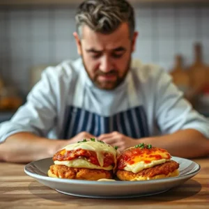 A-frustrated-cook-looking-at-a-watery-chicken-parm-alongside-an-example-of-properly-prepared-chicken-parm-with-no-excess-liquid