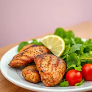 A-healthy-plate-of-jerk-chicken-served-with-a-fresh-green-salad-cherry-tomatoes-and-lime-wedges-styled-on-a-white-plate-with-a-clean-background-recipesfair.com