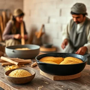 A-historical-depiction-of-Native-Americans-grinding-cornmeal-and-early-settlers-baking-cornbread-alongside-a-cook-recipesfair.com