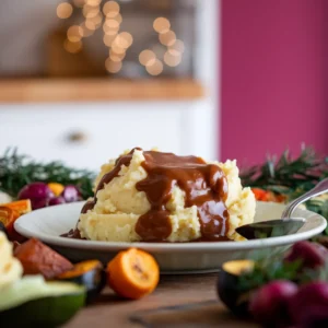 A-holiday-table-showcasing-mashed-potatoes-with-rich-brown-gravy-cascading-over-the-top-surrounded-by-roasted-vegetables-and-a-serving-spoon