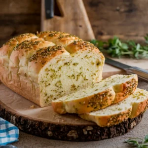 A-loaf-of-Hawaiian-garlic-bread-sliced-open-to-reveal-its-soft-interior-with-a-golden-garlic-and-herb-crust-on-top-served-on-a-rustic-wooden-boa