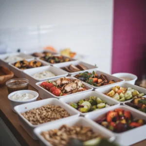 A-meal-prep-layout-with-divided-containers-featuring-grain-bowls-roasted-vegetables-grilled-chicken-and-small-containers-of-sauces-like-tzatziki-or-tahini