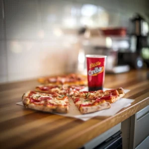 A-neatly-arranged-Little-Caesars-Lunch-Combo-on-a-table-showcasing-the-four-slices-of-pizza-and-the-20-ounce-soda-cup