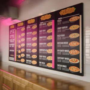 A-neatly-organized-Hot-N-Ready-menu-board-displaying-all-pizza-varieties-and-complementary-items-like-Crazy-Bread-and-Caesar-Wings.