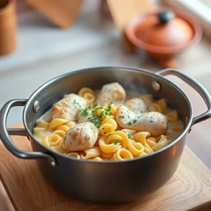 A-one-pot-dish-with-chicken-pasta-and-a-creamy-sauce-simmering-together